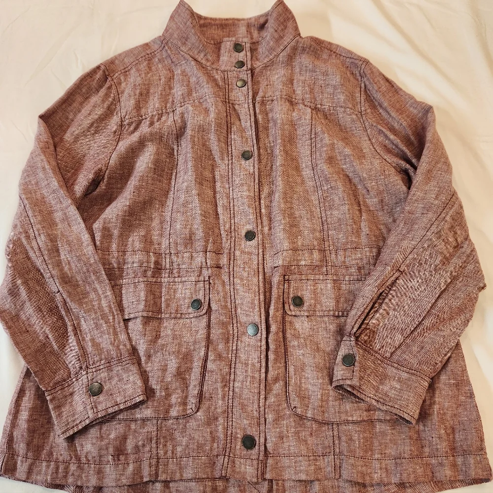 Women Heather Red 100% Linen Snap Buttons Utility Safari Jacket Size 2XL Summer - Picture 12 of 15